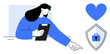© robu_s - Woman with clipboard pointing towards blue shield with padlock and heart symbol. Ideal for security, protection, safety, care, privacy, healthcare, and data protection themes. Abstract line flat