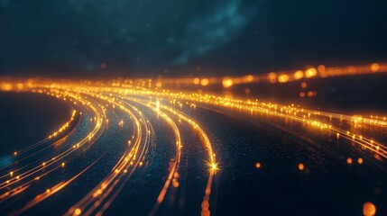 Fototapete - Abstract glowing lines forming a curved path on a dark background.