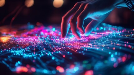 Fototapete - Hand interacting with glowing data visualization