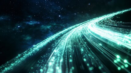 Aufkleber - Abstract glowing turquoise light trails curve through dark space, resembling a futuristic highway or fiber optic cables.