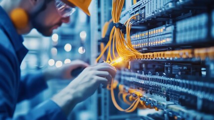 Aufkleber - Technician working on network server, connecting fiber optic cables.