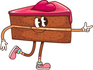 Aufkleber - Retro groovy cake sweet food character. Isolated cartoon vector confectionery personage. Funny hippie dessert slice topped with pink glaze and heart, wearing vintage sneakers and flashing finger gun