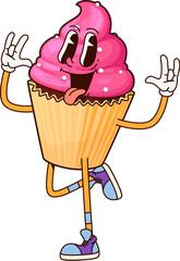 Poster - Groovy breakfast cake character. Cartoon vector cupcake or muffin, funny dessert, bakery and pastry retro personage topped with pink frosting joyfully dancing with happy face exudes playful vibes