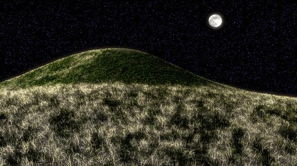 Wall Mural - Starry Night Sky Over Rolling Hills Under Bright Full Moon With Twinkling Stars