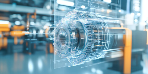 A futuristic engineering blueprint with a blurred background showcasing an advanced project