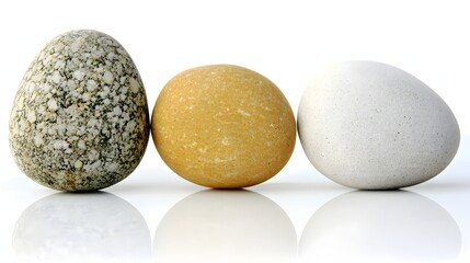 Wall Mural - Collection of Three Smooth Stones in Varying Colors Arranged on a White Surface with Reflection