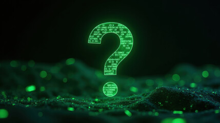 glowing green question mark surrounded by digital data and particles evokes curiosity and mystery