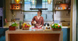 © Raushan_films - Indian happy young adult gen z woman lady standing indoor modern kitchen smiling hungry teen age girl female hold knife cut fresh apple slice fruit diet food spend time enjoy day