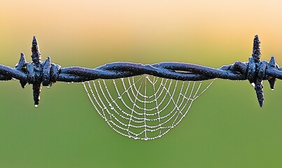 Dew-kissed spiderweb on barbed wire fence