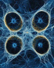 Wall Mural - abstract interconnected network of blue and gold cellular shapes, resembling organic structures and 