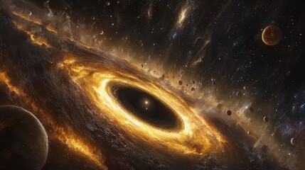 a black hole at the center of a dying galaxy, with planets being drawn toward its gravity