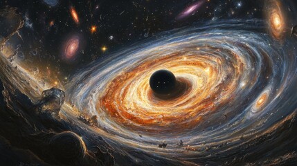 Wall Mural - A cosmic landscape with a black hole at its core, surrounded by swirling galaxies and nebulae 