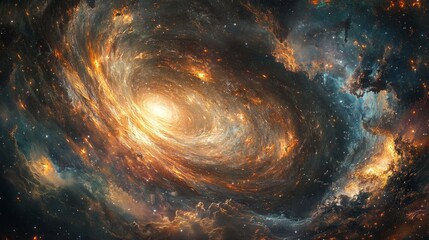 Wall Mural - A galaxy colliding with a black hole, with stars and matter being drawn into its center 