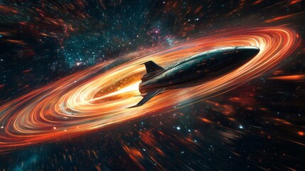 Wall Mural - A spaceship escaping the gravitational pull of a black hole, with stars streaking in the background