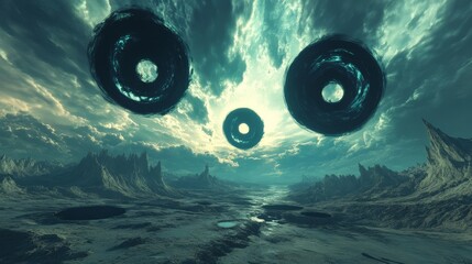 Wall Mural - A surreal landscape with multiple black holes in the sky, distorting the surroundings
