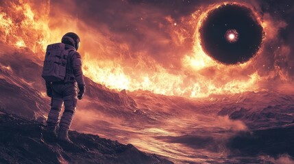 Wall Mural - An astronaut standing on the surface of a distant planet, watching a black hole in the sky 