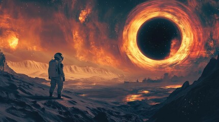 Wall Mural - An astronaut standing on the surface of a distant planet, watching a black hole in the sky 
