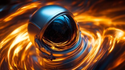 Wall Mural - An astronaut helmet reflecting the swirling black hole, with intense light bending around it