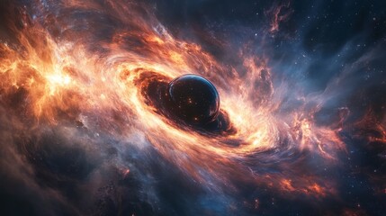 Wall Mural - An astronaut helmet reflecting the swirling black hole, with intense light bending around it