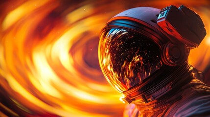 Wall Mural - An astronaut helmet reflecting the swirling black hole, with intense light bending around it