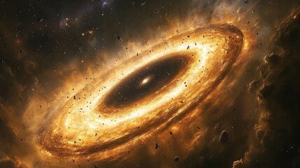 Wall Mural - An enormous black hole surrounded by a glowing ring of gas, with space debris spiraling toward it