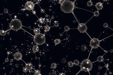 Wall Mural - abstract depiction of connected particles, resembling neurons or cellular networks. dark background 