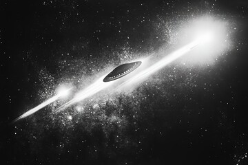 Wall Mural - monochrome ufo spaceship in cosmic galaxy warp speed, sci-fi artwork