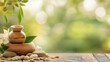 © AKGK AI Background - Wooden massage herbal compress on rustic wooden table with smooth stones, green leaves, and white flowers, set against a soft-focus natural green background evoking relaxation and wellness.