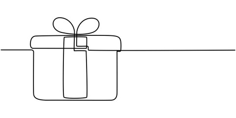 Gift box one line drawing. Continuous one line gift box.Presents with ribbon bow.Hand drawn greeting present box.Line art surprise, Continuous one line drawing of Present or gift box design. Present. 