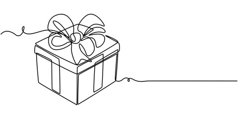 Gift box one line drawing. Continuous one line gift box.Presents with ribbon bow.Hand drawn greeting present box.Line art surprise, Continuous one line drawing of Present or gift box design. Present. 