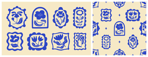 Leinwandbilder - Blue floral seamless pattern illustration set. Vintage style flower frame background design collection. Geometric natural wallpaper print, spring season nature backdrop texture with flowers.	