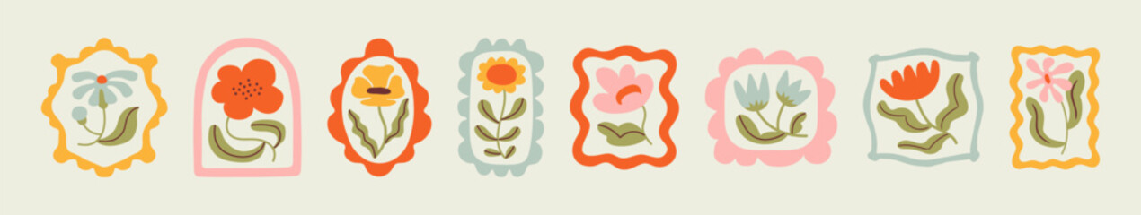 Wall Mural - colorful floral frame illustration set. vintage style flower design collection. geometric natural bo