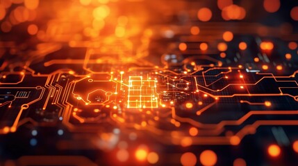 Wall Mural - glowing circuit board: abstract tech background featuring an intricately designed, bright orange cir