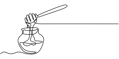Glass canning jar in continuous line art drawing style. Food preserve. Minimalist black linear sketch on white background. Vector illustration. 