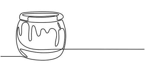 Glass canning jar in continuous line art drawing style. Food preserve. Minimalist black linear sketch on white background. Vector illustration. 