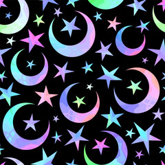 Wall Mural - pattern of bright crescent moons and stars on a black background