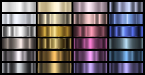 A set of shiny metallic gradients. The texture of a smooth metal surface. A collection of silver, gold, purple and blue metallic gradients. Vector EPS 10.