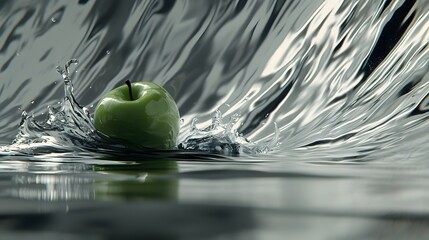 Wall Mural - green apple splashing in clear water with reflective surface and dynamic ripple effects