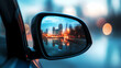 © +27.000 BOU - Cityscape Reflections: A mesmerizing view of a city skyline reflected in a car's side mirror, with the lights of buildings illuminating the twilight sky. A perfect visual metaphor for the journey.