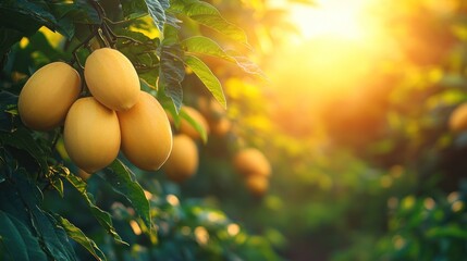 Ripe yellow mangoes on a tree branch at sunset.