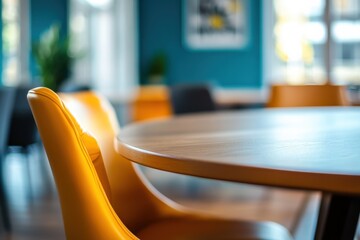 Aufkleber - Modern dining area with stylish yellow chairs and a wooden table in a contemporary restaurant setting