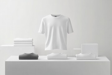 Poster - Display of neatly arranged t-shirts and towels in a minimalist setting with natural lighting