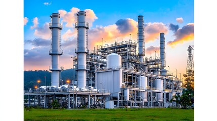 Industrial Energy Plant Under Dramatic Sunset Sky with Array of Equipment and Towers
