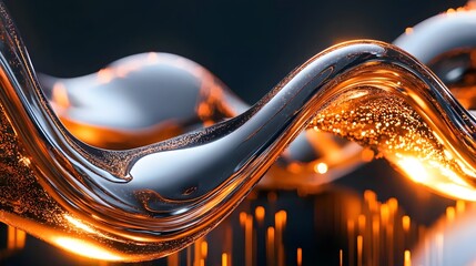 Poster - Fluid Metallic Waves with Glowing Particles in Dark Background