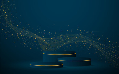 Aufkleber - Multi-layered blue podium with elegant gold wave lines on the back for product presentation. Display of cosmetic products. Stage or podium. vector illustration	