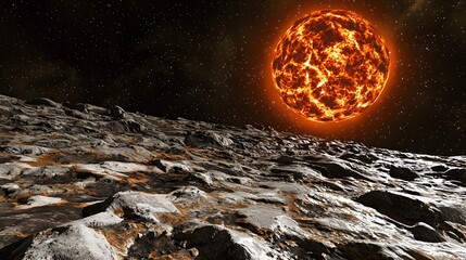 Wall Mural - Surreal Rocky Planet Surface Under Bright Red Star in Vast Cosmic Landscape