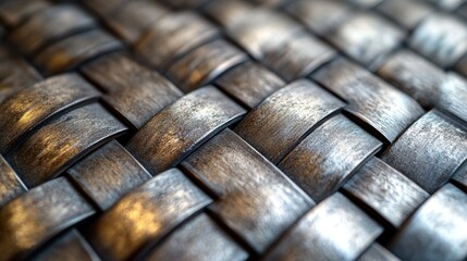 Close-up of a metallic woven texture with a dark, gray, and silver color palette.