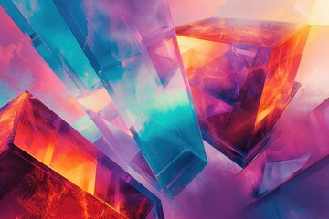 Wall Mural - Abstract architectural crystals, glowing, in a vibrant interior space