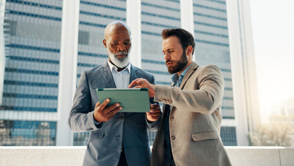 Leinwandbilder - Business people, tablet and men in city, scroll and tax advisor with teamwork. Employees, financial consultant and connection in street, urban town and tech with website info, review email and app
