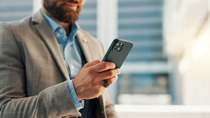 Fototapete - City, phone and hands of business man for networking, social media and website for contact. professional, corporate and person on smartphone for text message, email and online in town for travel.